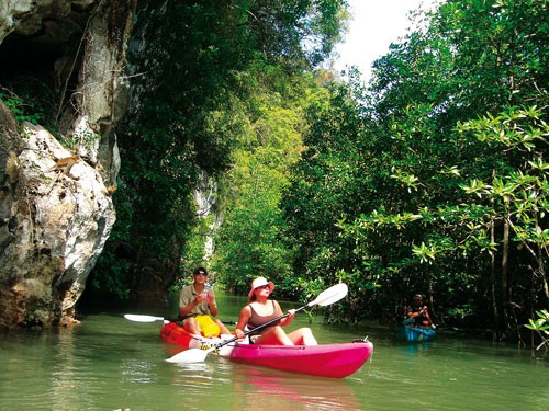 Khach du lịch cheo thuyen kayak